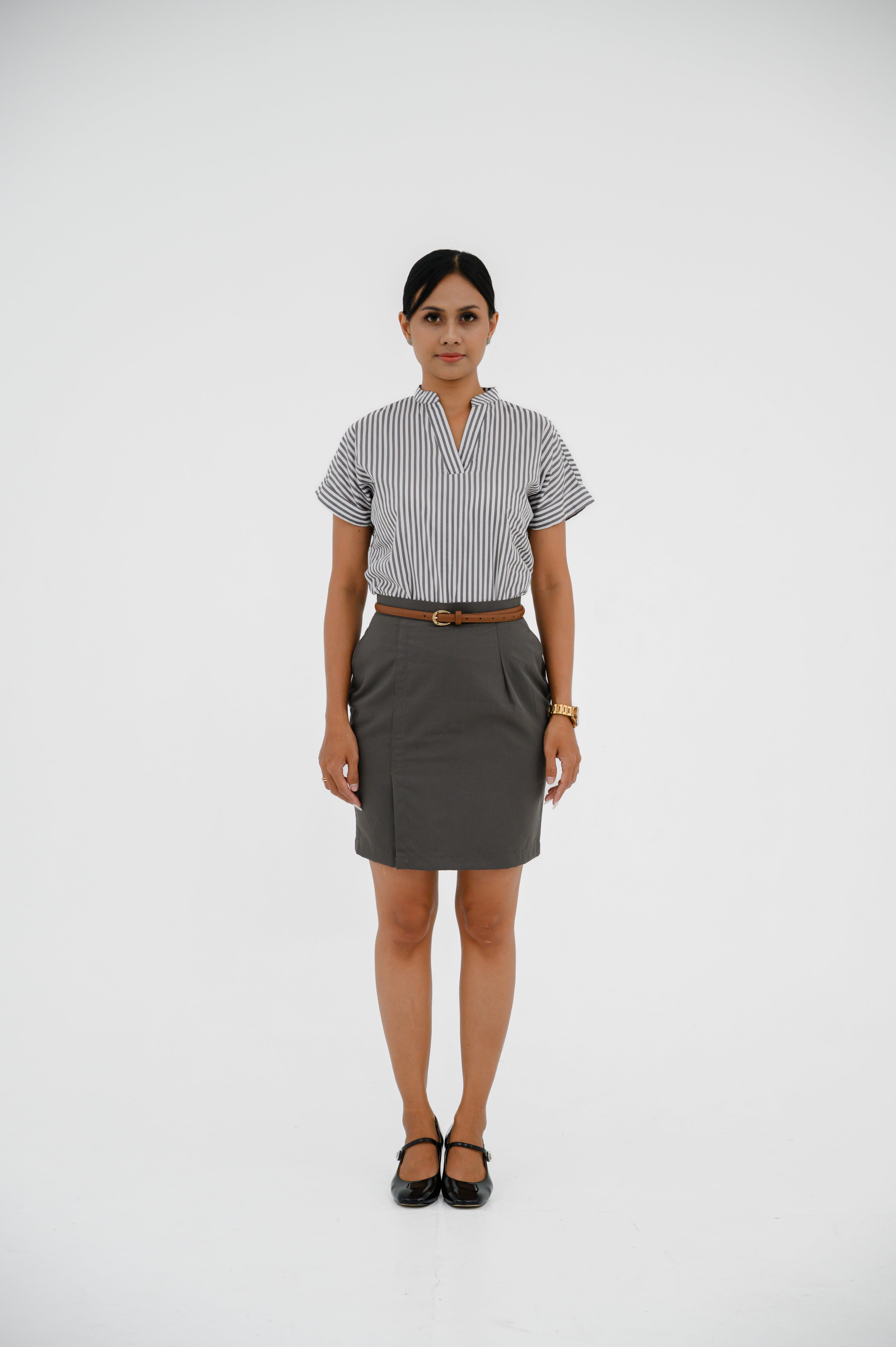 Atasan FML Mandarin V-Neck Lengan Pendek 2 PR - Bergaris